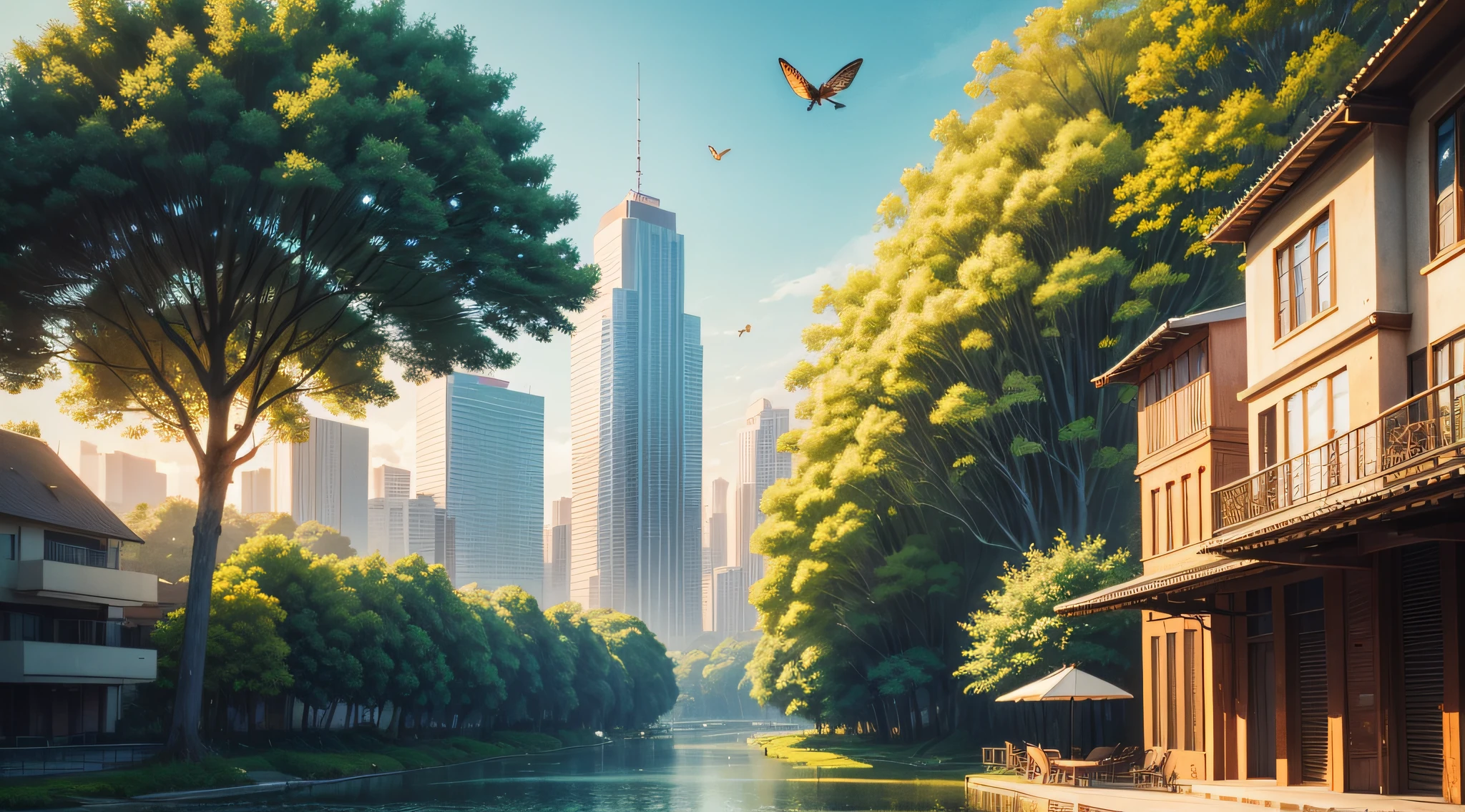 watercolor, a hawk (Accipitridae), high quality, extremely detailed, breathtaking landscape tropical urban city forest scenery, with tall trees, birds, butterflies and flowers under the blue sky, cinematic color, scene from a movie, intricate details, the best quality, very realistic, faded film, grainy, vintage, stained, highly detailed, found footage, ultra realistic, bokeh, sharp features, vivi colors, some building, golden hour, city garden