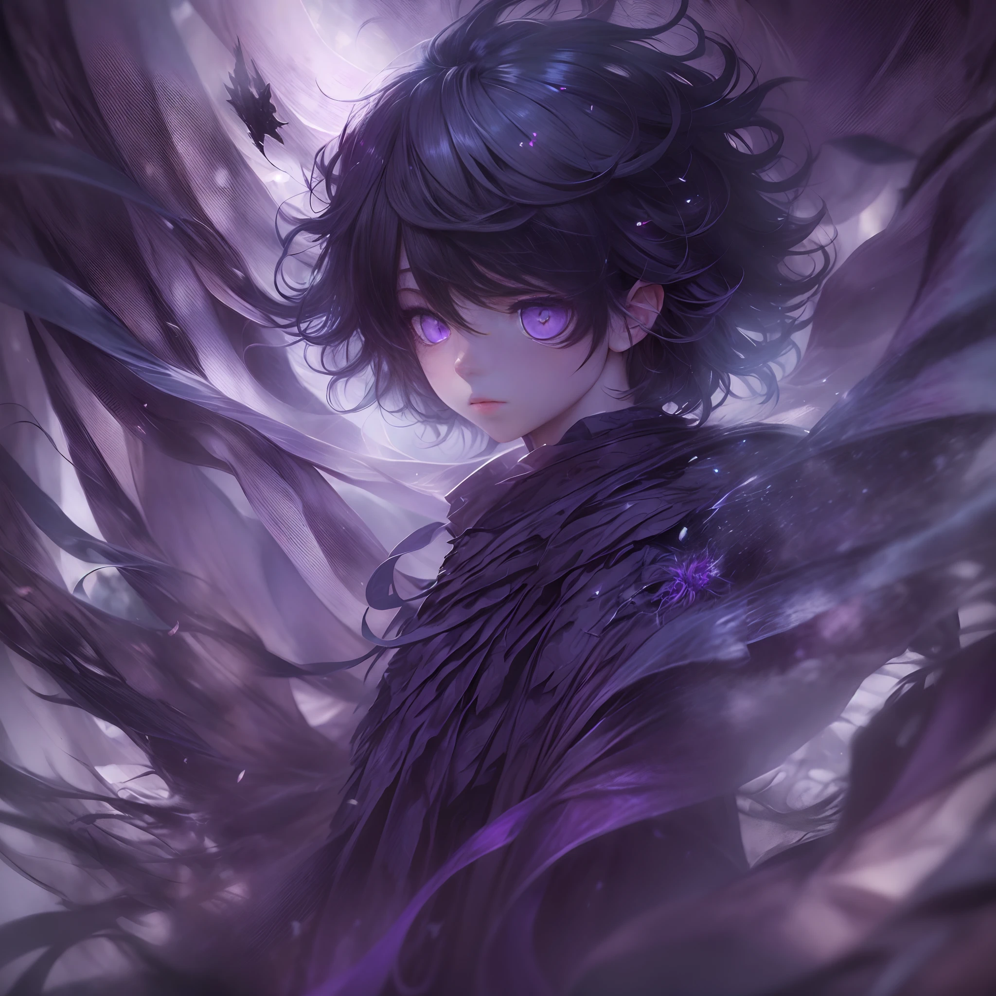 (Best quality,8K,High-res,Masterpiece:1.2),Anime style,((1 purple eye,1 blind boy)),Flowing black hair,Fantastical Atmosphere,Paper texture,Exquisite facial features,Magical background with black as the main tone,Vivid details，There is a sense of epic grandeur