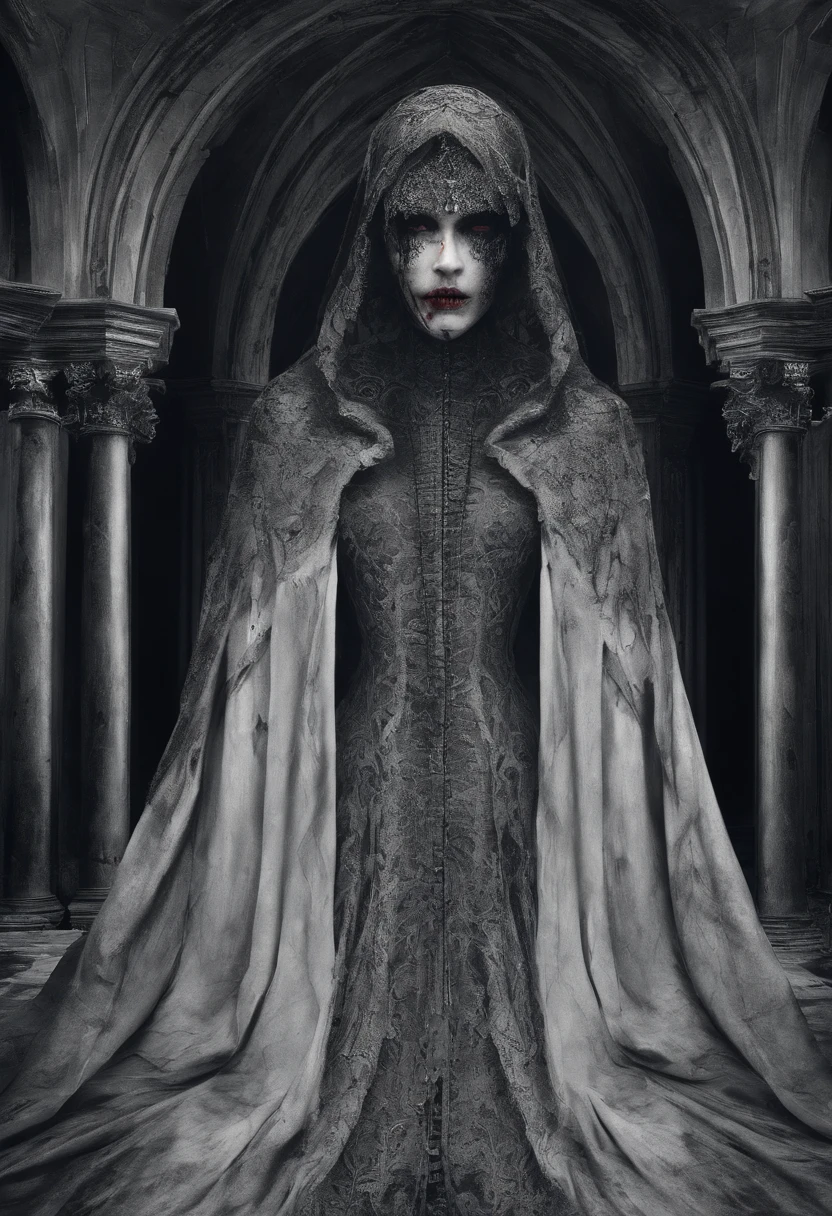 (tmasterpiece)，(Best quality)，(Ultra detailed)，A woman who is，Wearing a blood-stained cloak，Abandoned hospitals，Terrifying atmosphere，darkly，Very dark