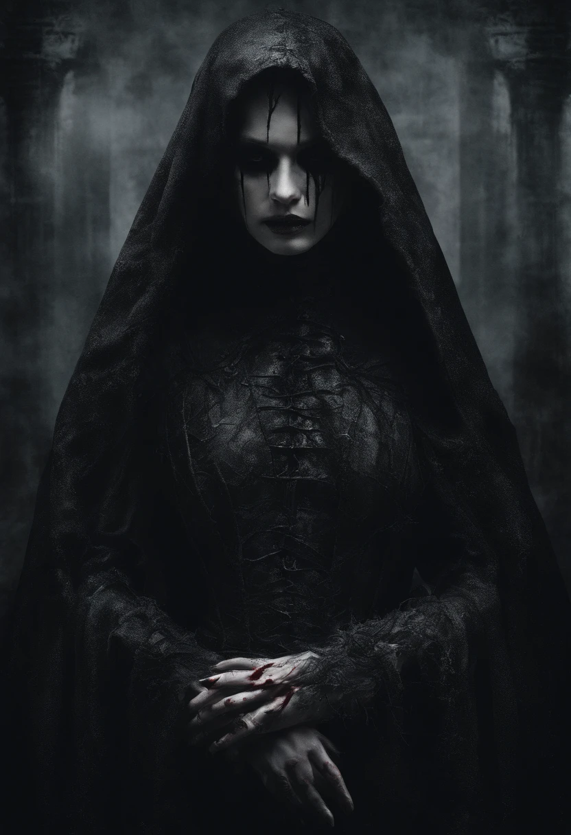(tmasterpiece),(Best quality),(Ultra detailed),A woman who is,Wearing a blood-stained cloak,Abandoned hospitals,Terrifying atmosphere,darkly,Very dark