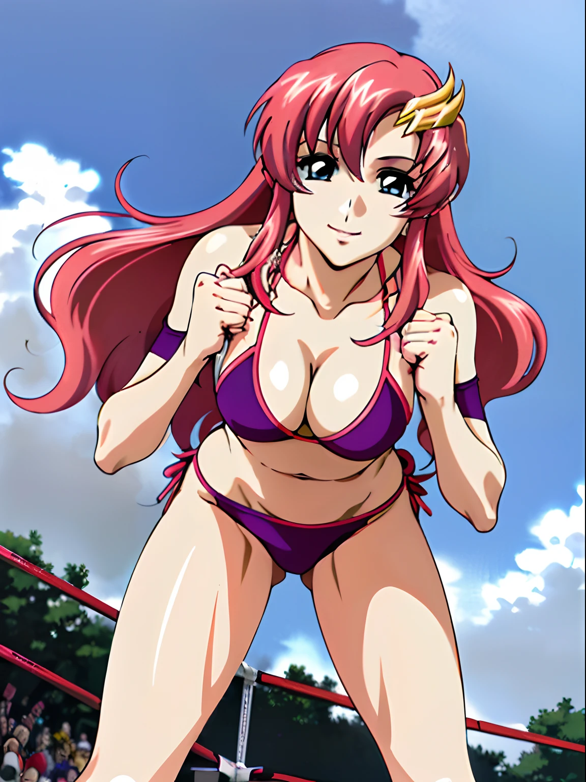 (masterpiece, upper body view, from below, 4K, Best Quality, Anime style: 1.9, , tall, Adult Woman, ultra detailed face, (cloud background, wrestling), Drawing lines, high resolution, Anime, lacus4), 1girl, Solo, curvy figure, Long hair, 鎖骨, scapular, (Detailed wide hair bangs, Hair Ornament, Detailed reddish-pink hair, golden crest), cleavage, large hands, (female wrestler). (Big blue eyes, shiny eyes), ((hands on knees, broad shoulders, closed fists)), ((perfect proportions, medium breasts, long belly)), (((bikini, pink wrestling gear))), happy, smile, (standing, looking at the viewer)
