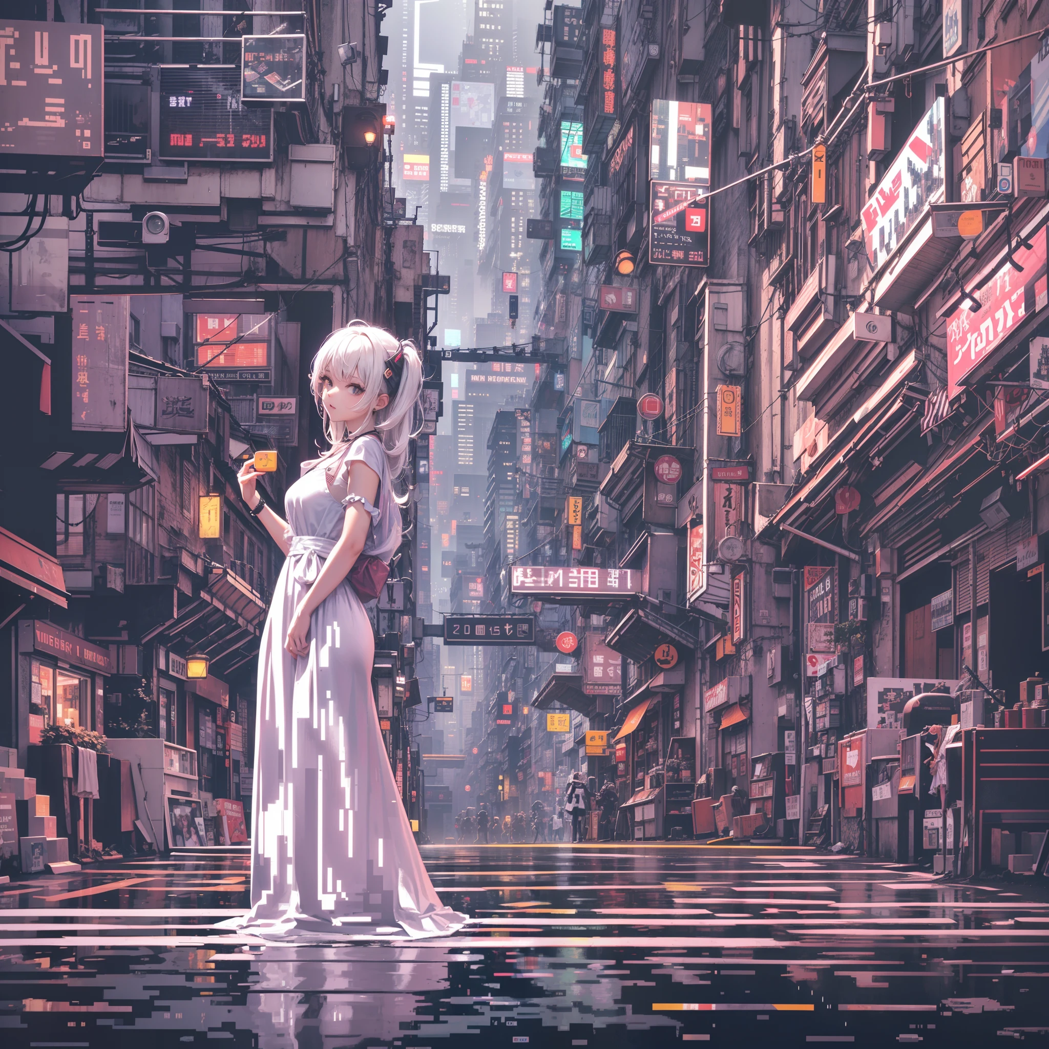 [Girl in white dress:5] exteriors，Cyberpunk streets, ascii art  (Pixel 8 bit style:1.1)，Diagonal composition