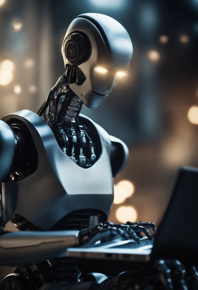 A robot with artificial intelligence using a laptop keyboard
