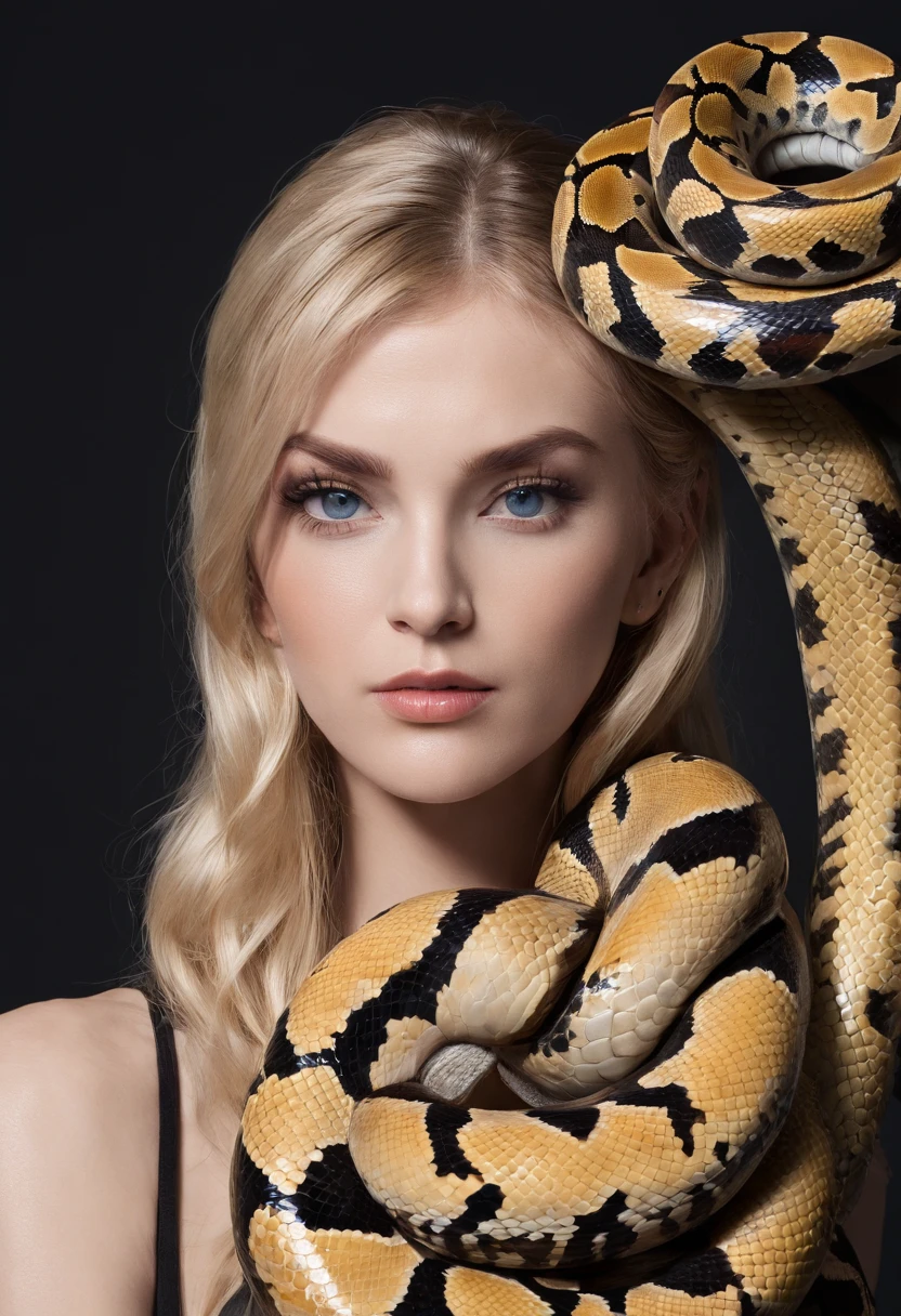 ((Woman and python))，high definition 4k，white skinned，Golden hair，blue color eyes，Neat bangs，The python is the golden python，((Pure black background))