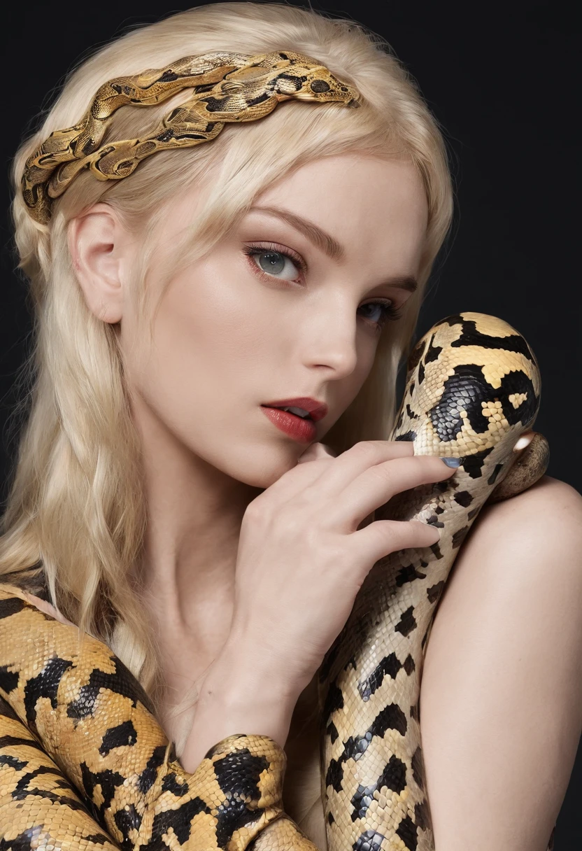 ((Woman and python)),high definition 4k,white skinned,Golden hair,blue color eyes,Neat bangs,The python is the golden python,((Pure black background))