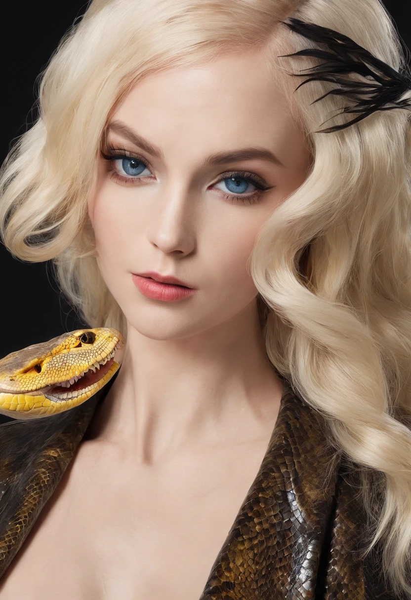 Woman and python,HD 4K,white skinned,golden hair,blue color eyes,The python is the golden python,Pure black background