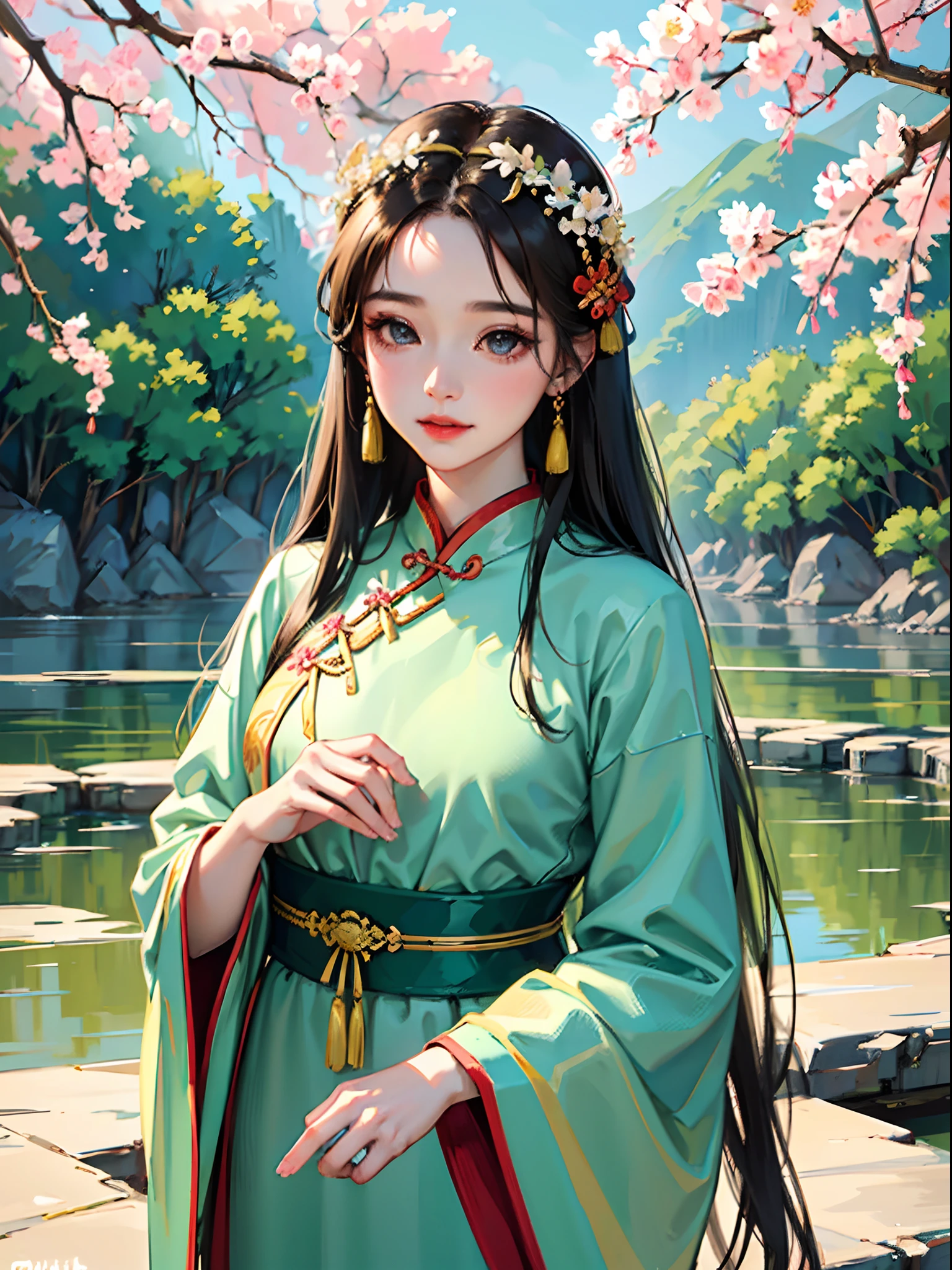 (best quality,4k,8k,highres,masterpiece:1.2),ultra-detailed,(realistic,photorealistic,photo-realistic:1.37),traditional Chinese dress,beautiful detailed eyes,beautiful detailed lips,extremely detailed eyes and face,longeyelashes,elegant woman,graceful pose,Chinese garden background,soft natural lighting,vivid colors,delicate floral pattern on the dress,dainty embroidery,ornamental hairpin,chinese fan,bamboo grove,serenity and tranquility,subtle traditional elements,expressive facial features,subtle smile,colorful silk fabric flowing,classic and timeless beauty,fine brush strokes,painterly effect,chinese ink painting,lush greenery,whispering willow tree,blossoming cherry blossoms,subtle color palette,ethereal atmosphere,A beautiful adult girl stands gracefully in a traditional Chinese dress, with her beautiful detailed eyes and lips capturing attention. Her face showcases extreme detail, highlighted by her long eyelashes. She emanates elegance and grace, with an expression of subtle smile. The exquisite dress is adorned with delicate floral patterns, intricate embroidery, and has flowing colorful silk fabric. She wears an ornamental hairpin and holds a Chinese fan in her hand. She stands in a serene Chinese garden, surrounded by a bamboo grove. Soft natural lighting illuminates the scene, enhancing the vibrant colors and adding to the ethereal atmosphere. The painting captures the essence of traditional Chinese elements with a contemporary touch. The fine brush strokes and painterly effect give it a classic and timeless beauty, reminiscent of Chinese ink paintings. Lush greenery and a whispering willow tree create a peaceful ambiance, while blossoming cherry blossoms add a touch of romance. The color palette is subtle yet expressive, reflecting the beauty of traditional Chinese aesthetics. Overall, this high-quality artwork transports viewers to a tranquil and mesmerizing world, showcasing the beauty and sophistication of a beautiful adult girl in traditional Chinese