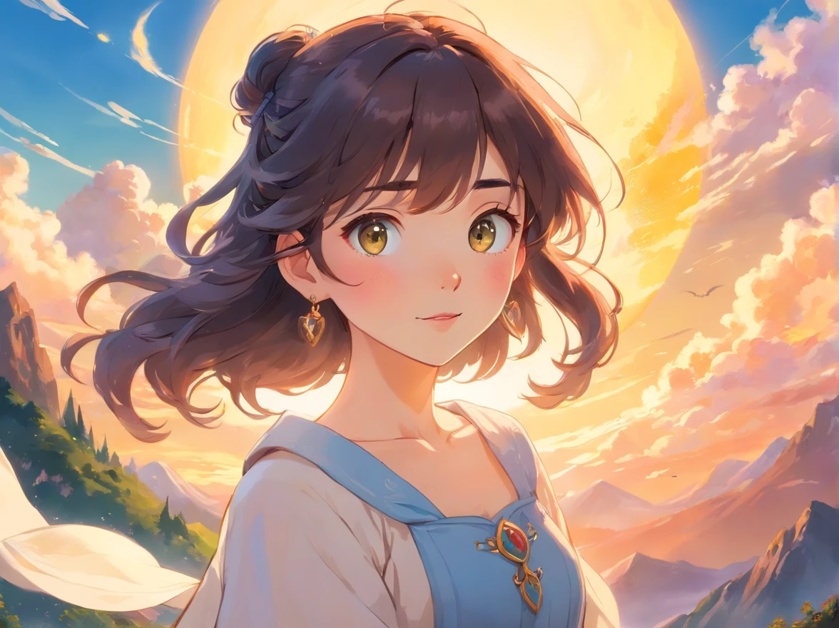 (best quality,4k,8k,highres,masterpiece:1.2),ultra-detailed,(realistic,photorealistic,photo-realistic:1.37),a girl riding a magic majestic beast,a girl with long black hair and brown eyes,a long beautiful necklace and earrings,tranquil mountainscapes, colorful animation stills,adventure,sunshine,beautiful detailed eyes,beautiful detailed lips,extremely detailed eyes and face,longeyelashes,medium:oil painting,medium:watercolor,medium:pastel,medium:anime style,medium:concept artists,dreamy landscapes,vibrant colors,magical lighting,happy and adventurous atmosphere,warm sunlight,happy and relaxed expression,flowing dress,lovely and detailed ears,curly hair,heart-shaped earrings,captivating scenery,bright and vivid colors,brilliant sunshine,peaceful mountains and valleys,animated and lively environment,a majestic and friendly creature,unbreakable bond between the girl and the beast,mystical aura surrounding them,masterful strokes,picturesque horizons,soft and harmonious color palette,a seamless blend of fantasy and reality,visually stunning,inviting viewers into a magical world,expressive brushwork,impressive depth and perspective,vivid and dynamic illustrations,serene and tranquil atmosphere
