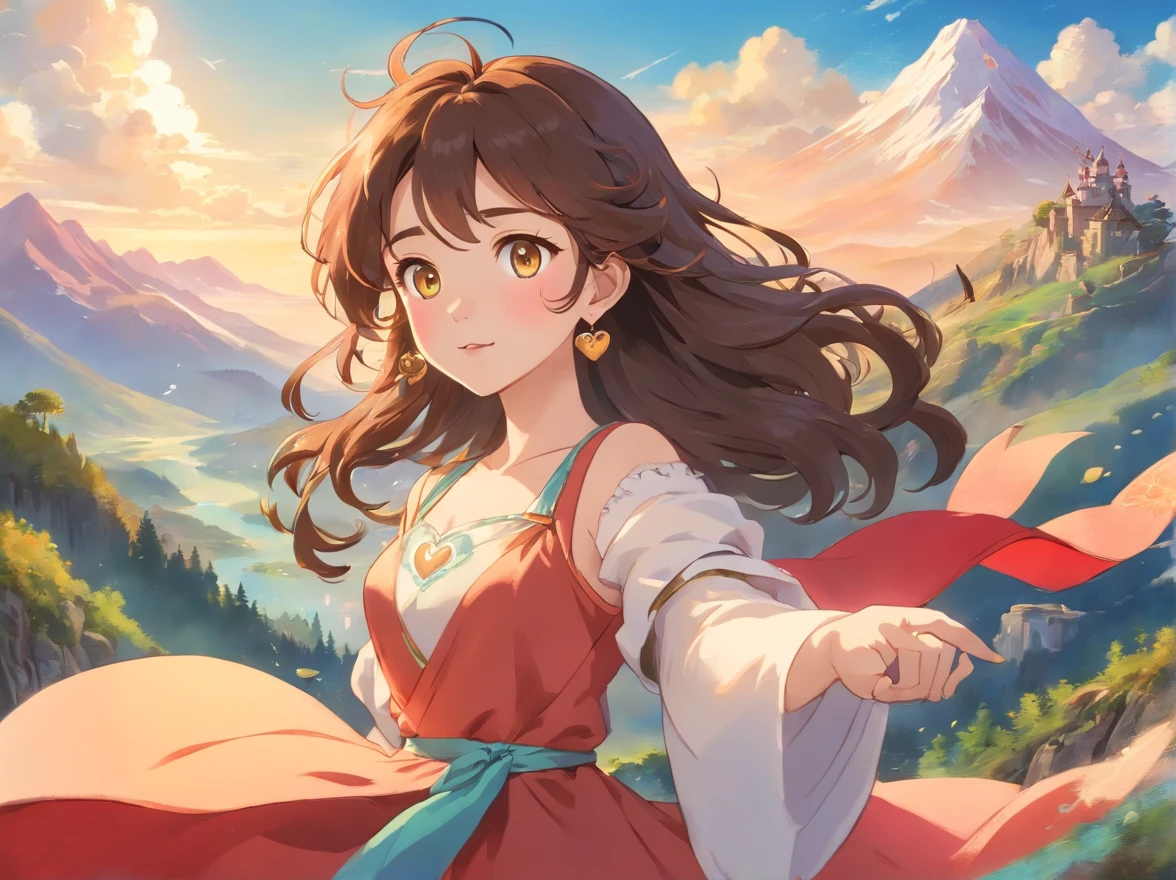 (best quality,4k,8k,highres,masterpiece:1.2),ultra-detailed,(realistic,photorealistic,photo-realistic:1.37),a girl riding a magic majestic beast,a girl with long black hair and brown eyes,a long beautiful necklace and earrings,tranquil mountainscapes, colorful animation stills,adventure,sunshine,beautiful detailed eyes,beautiful detailed lips,extremely detailed eyes and face,longeyelashes,medium:oil painting,medium:watercolor,medium:pastel,medium:anime style,medium:concept artists,dreamy landscapes,vibrant colors,magical lighting,happy and adventurous atmosphere,warm sunlight,happy and relaxed expression,flowing dress,lovely and detailed ears,curly hair,heart-shaped earrings,captivating scenery,bright and vivid colors,brilliant sunshine,peaceful mountains and valleys,animated and lively environment,a majestic and friendly creature,unbreakable bond between the girl and the beast,mystical aura surrounding them,masterful strokes,picturesque horizons,soft and harmonious color palette,a seamless blend of fantasy and reality,visually stunning,inviting viewers into a magical world,expressive brushwork,impressive depth and perspective,vivid and dynamic illustrations,serene and tranquil atmosphere