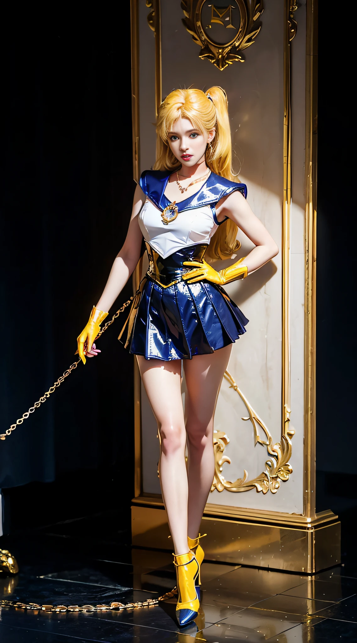 ((masterpiece:1.4)、(top-quality:1.4)、(reallistic:1.7))、masuter piece:1.4、a beauty girl、(sailormoon:1.4)、Sexy female combat suit sticking to body、(latex shiny)、(The jacket is a white sleeveless sailor suit)、(Skirt is blue sexy ultra ultra mini skirt)、The collar of the sailor suit is blue with two thin lines.、Red cloth ornament at chest、(Wearing white gloves)、Kawaii Girl、Super beauty、foco nítido、Portrait photos、((Full body shooting:1.4))、beautiful countenance、beautidful eyes、Narrow waist、(Yellow hair:1.4)、poneyTail、Raw photo、red-lips、(Red high heels:1.4、a choker:1.4、a necklace:1.4、耳Nipple Ring:1.4)、1 screen display、Outdoor landscape