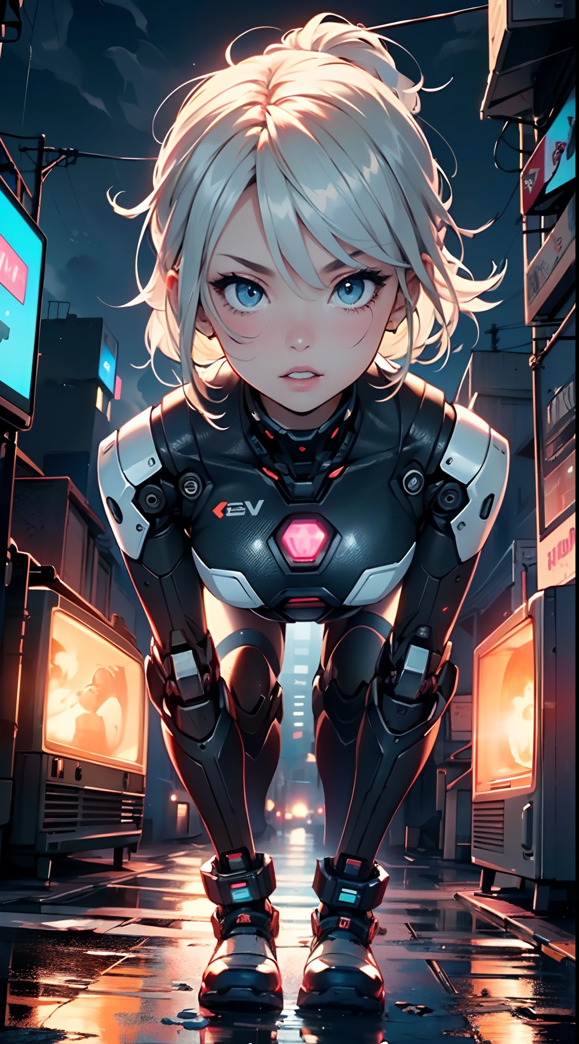 (((TV robot with mechanical arms and legs))),
(((tiny little robot chibi))) with ((((TV head)))). He has (((shaped like a cube with mechanical arms and legs))),and a (((screen on his face))) that displays emoticons and coded messages,Strange head, black tv head,detailed TV head,intricate robot,
(((Object_head,televison_head))),
(dynamic pose:1.0),solo focus,(centered,scale to fit dimensions,Rule of thirds),
cyberpunk city by the ocean at night, with bright neon signs and dark stormy clouds and puddles, scenery:1.25,
artistic photography,(photography taken by sldr),highres, sharp focus, (ultra detailed, extremely detailed), (photorealistic artwork:1.37),(extremely detailed CG unity 8k wallpaper),((synthwave background theme)),(((vibrant colors))),(intricate background),(masterpiece),(best quality)