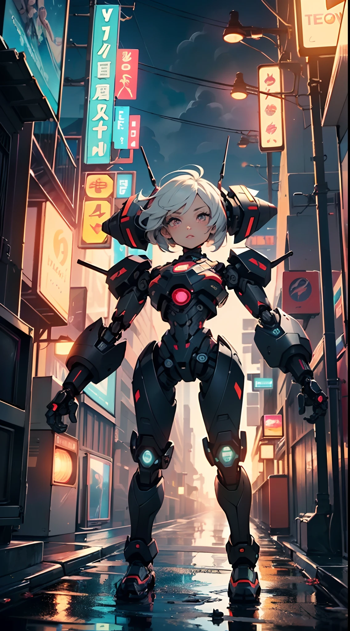 (((TV robot with mechanical arms and legs))),
(((tiny little robot chibi))) with ((((TV head)))). He has (((shaped like a cube with mechanical arms and legs))),and a (((screen on his face))) that displays emoticons and coded messages,Strange head, black tv head,detailed TV head,intricate robot,
(((Object_head,televison_head))),
(dynamic pose:1.0),solo focus,(centered,scale to fit dimensions,Rule of thirds),
cyberpunk city by the ocean at night, with bright neon signs and dark stormy clouds and puddles, scenery:1.25,
artistic photography,(photography taken by sldr),highres, sharp focus, (ultra detailed, extremely detailed), (photorealistic artwork:1.37),(extremely detailed CG unity 8k wallpaper),((synthwave background theme)),(((vibrant colors))),(intricate background),(masterpiece),(best quality)