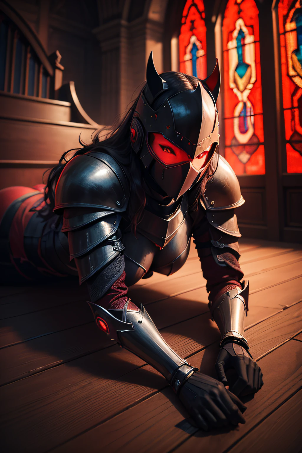 Ark Art Darkweb 1Evil Knight Woman lying on Her Back, Using an anonymous red neon mask, Use of red neon armor, Church décor, darkness,obscur,4K