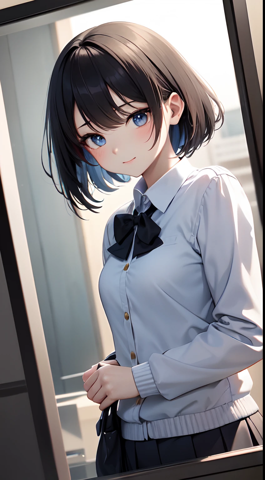 a , female, beautiful and cute, solo character, (black single sidelock hair), bright eyes, gradient eyes, school unifrom, breeze blow,(anime style), (cinematic lighting), (ray tracing), ((reflection light)), ((half-body-shot)), atmospheric perspective, masterpiece, accurate, ((best quality)), high quality, super detail, high details, anatomically correct, highRes, 1080p,