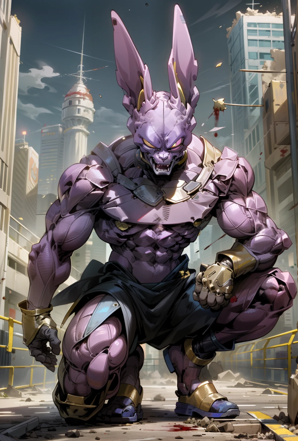 masterpiece, best quality, (beerus), he is scared, male focus, strong muscles, movie composition, flying, bokeh, (futuristic), (full body), city view, on his knees, he looks dedefeated, tired, city is destroyed, Wounded with blood, ready to give up the fight