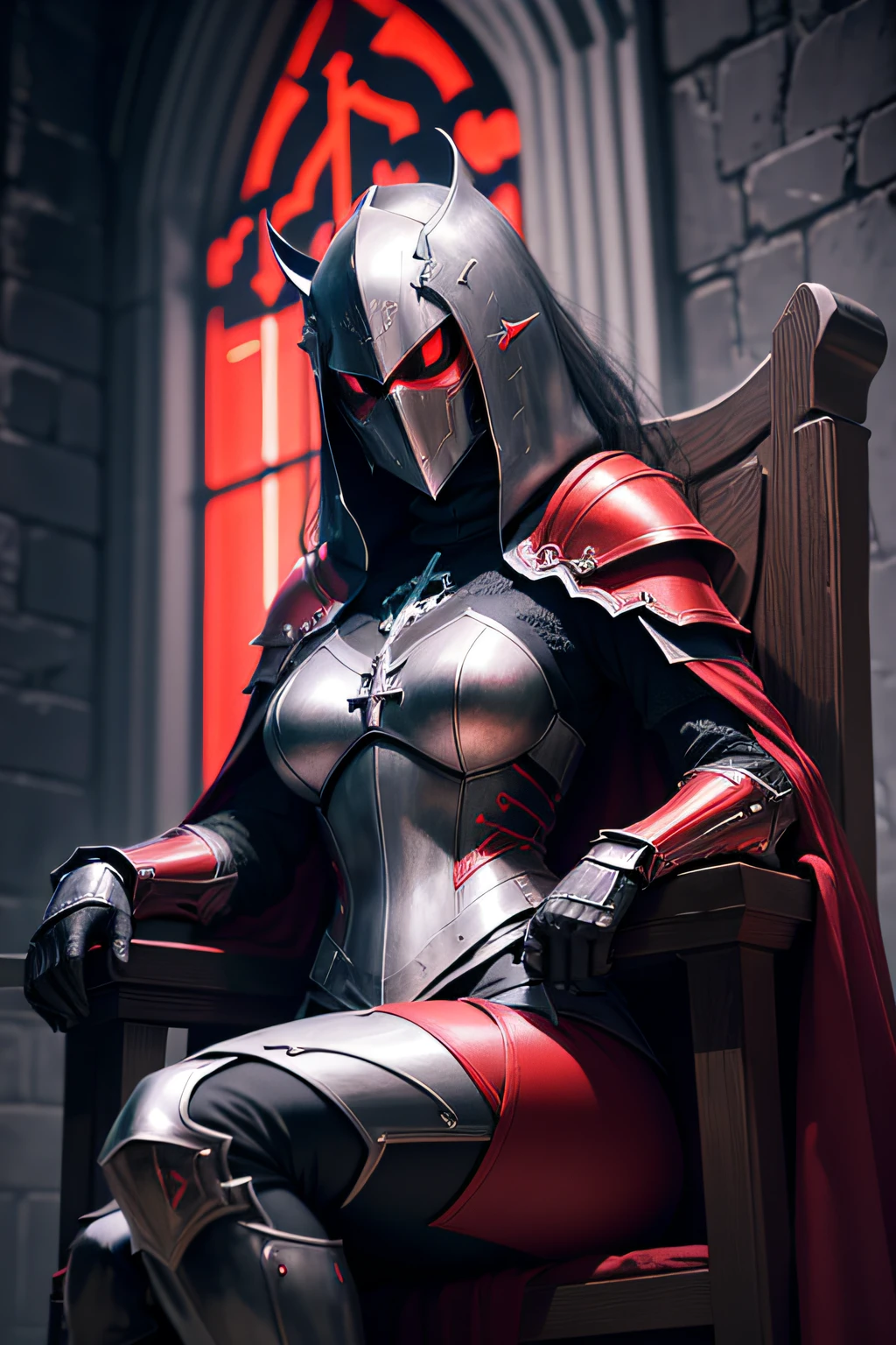 Ark Art Darkweb 1Female Evil Knight,sitting on a cross-legged throne, Using an anonymous red neon mask, Use of red neon armor, Church décor, darkness,obscur,4K