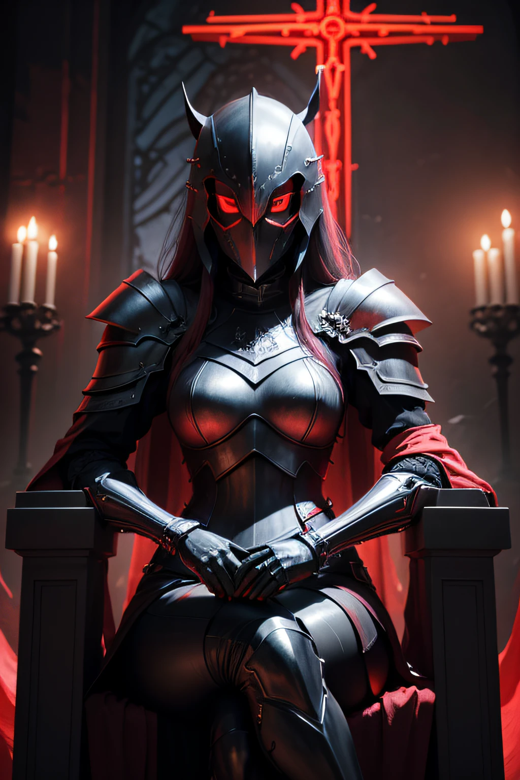 The bishop of chess pieces is depicted、A monster that combines creepiness and beauty、Personification of chess pieces、Cold、Atrocious、brutality、(Body like a chess piece:1.5)、red eyes、Black Bishop's Clothes、woman body、On the chessboard、(Full body:1.6)