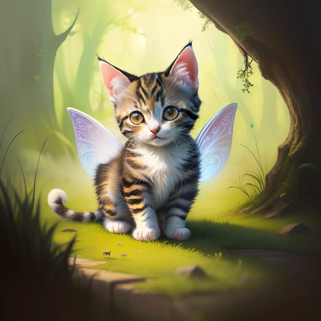 Make an illustration of a fairy tale about a funny kitten