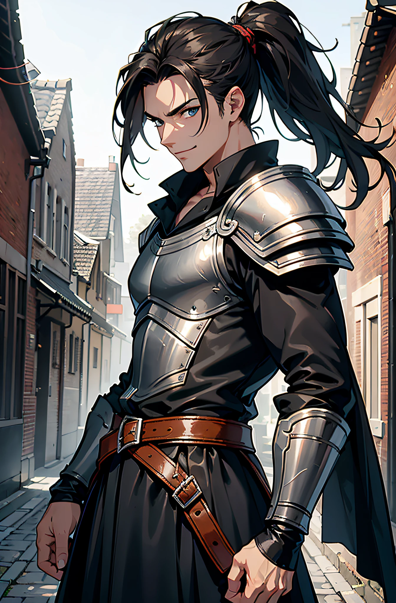 (Meisterwerk), best quality, ultra-high resolution, Ein Mann, elegant, ausdrucksstarke Augen, Perfektes Gesicht, half body, Blick auf den Betrachter, dutch angle, Cowboy erschossen, langes schwarzes Haar mit langem Pferdeschwanz, leather armor, Clothing for the Middle Ages, assasin, Dolch, easy smile, Detaillierter Hintergrund, mittelalterliche Gasse, Extreme Detailgenauigkeit, 4K
