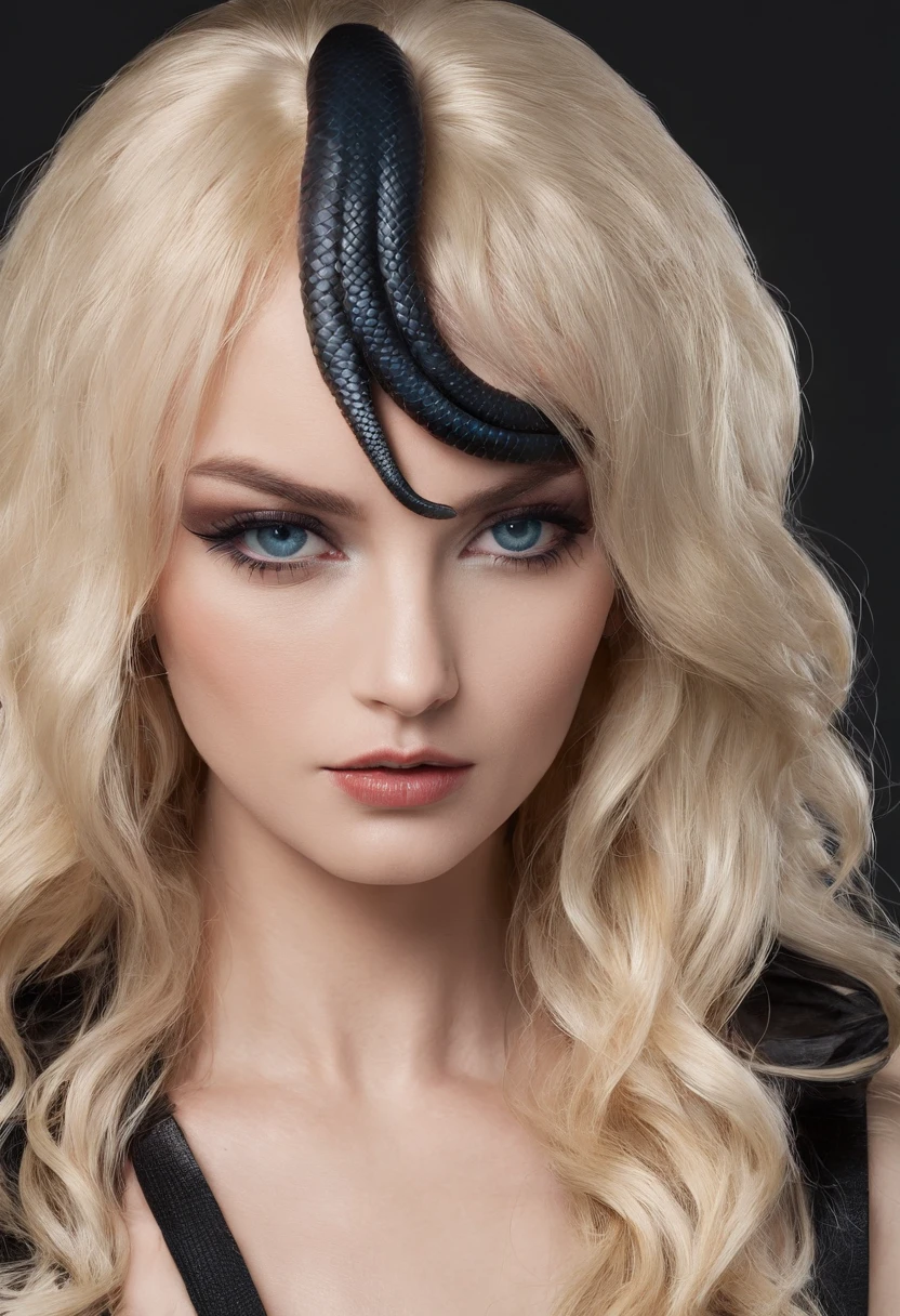 (Woman and snake)，(Small snakes)，(Black King Snake)，high definition 4k，white skinned，Golden hair，blue color eyes，Neat bangs，((Pure black background))