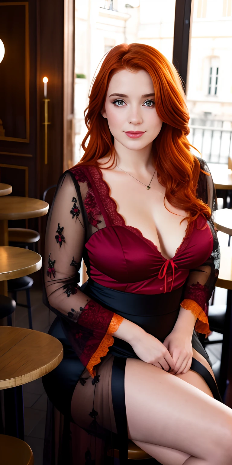 Portrait d'une rousse de 26 ans, Robe moulante , clivage, grosse poitrine,in a cafe, seduction, facing camera, cinematic rendering, 32K