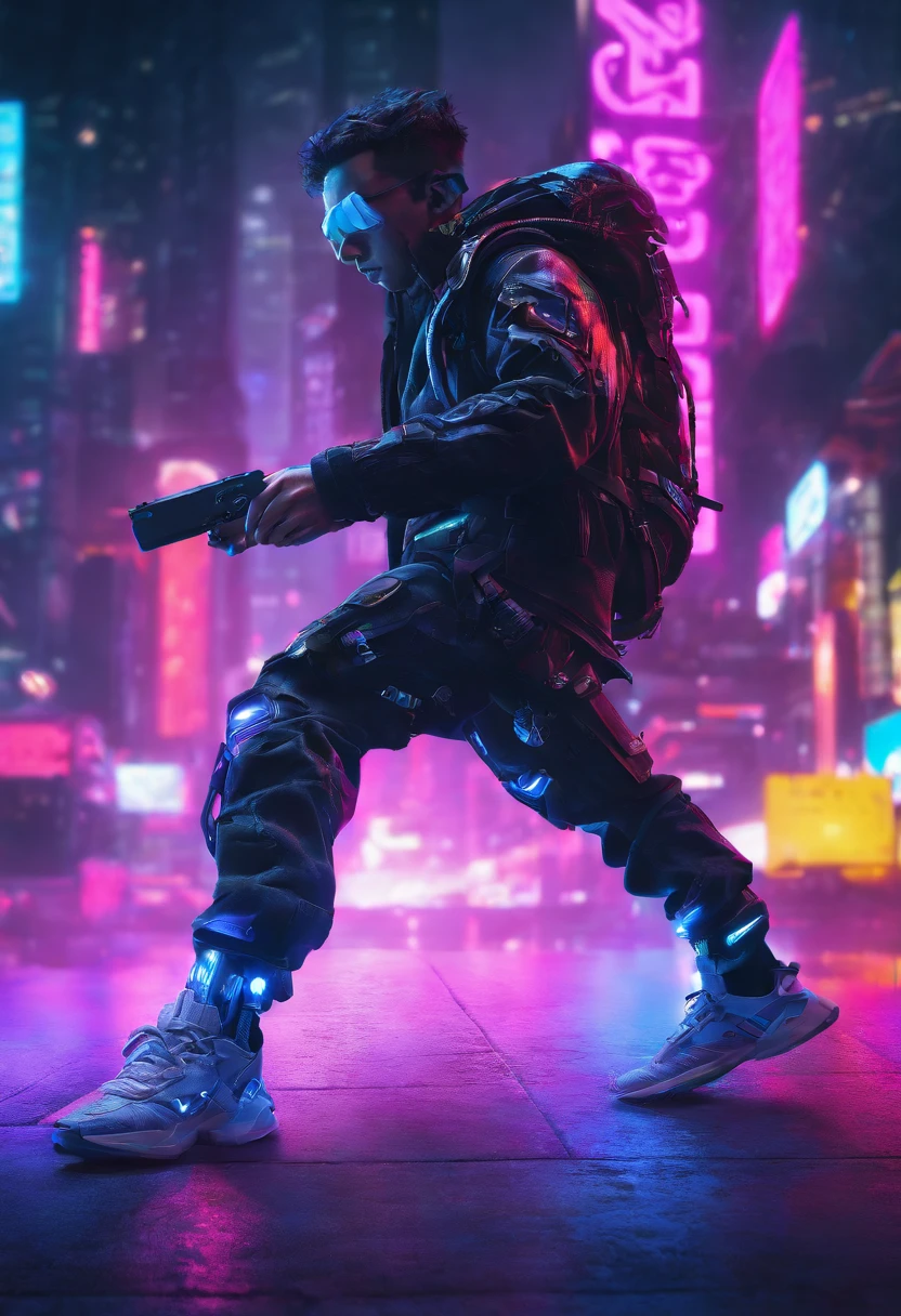 (best quality,8k,highres,masterpiece:1.2),ultra-detailed,(realistic,photorealistic,photo-realistic:1.37),HDR,UHD,studio lighting,ultra-fine painting,sharp focus,physically-based rendering,extreme detail description,professional,vivid colors,bokeh,future street background,cyberpunk boy,futuristic technology backpack with lights,future illuminated camera in hand,back shadow