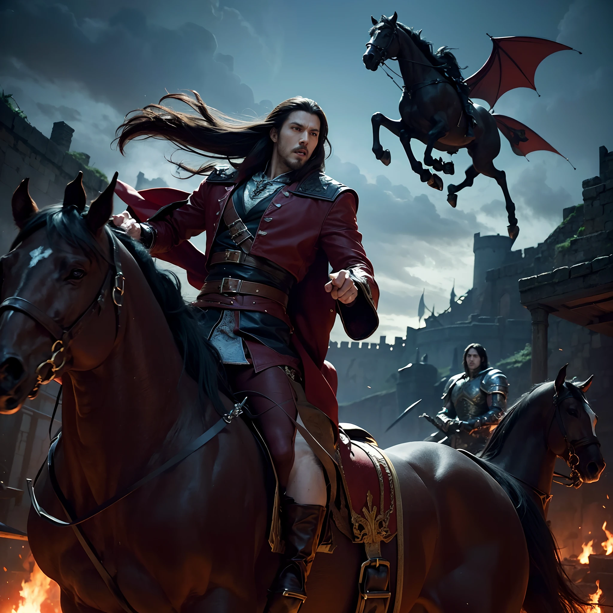 Castlevania Lord of the Shadows hyper realistic super detailed Dynamic shot masterpiece cinematic scene scenes movie Epic Legendary Lord Dracula muscular handsome red eyes riding great Legendary horse leading troops armed with demons to fight sharp details