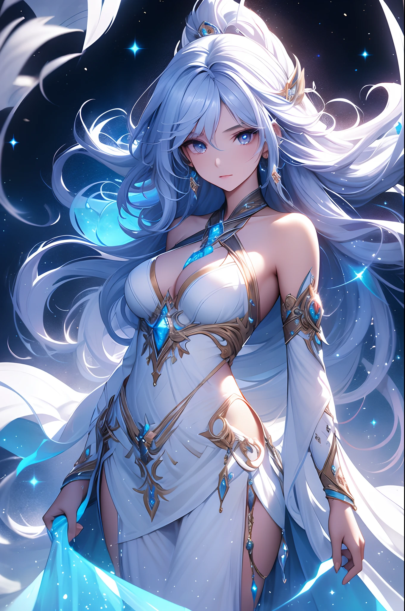 Lunox, the Keeper of Celestial Wisdom, radiates an ethereal and transcendent beauty. Her physical form has transcended mortal constraints, and her presence is as radiant as a thousand stars. Flowing locks of hair cascade down her back like strands of stardust, emitting a gentle, white glow. Her skin is crafted from the very fabric of the cosmos, bearing a shimmering quality that emits a soft, gentle light. Lunox's eyes are pools of cosmic knowledge, reflecting the mysteries of the universe. She stands tall and graceful, her figure bearing alluring curves and an otherworldly presence.