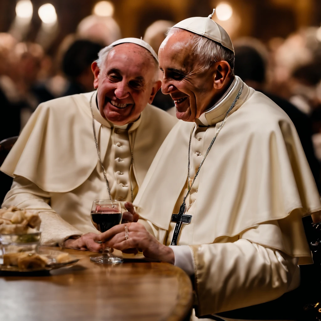Pope francis and mick jagger drinking together, smiling, in night club, photorealistic