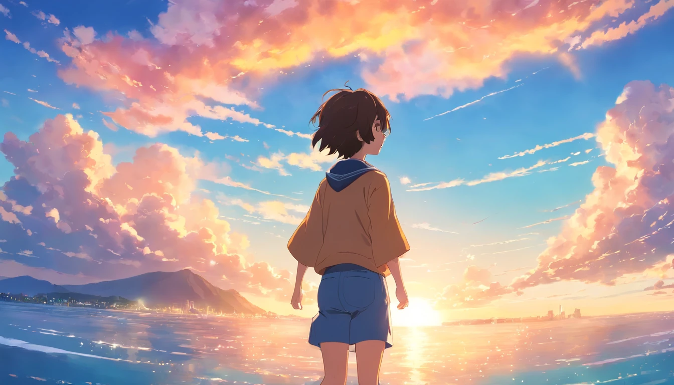 tmasterpiece, best qualityer, cinematic Film still from, 1人, Cloud Boy, floating into the sky, Close-up, brightly, cheerfulness, Soft lighting and warmth, Sun sunset, (spark of light: 0,7)