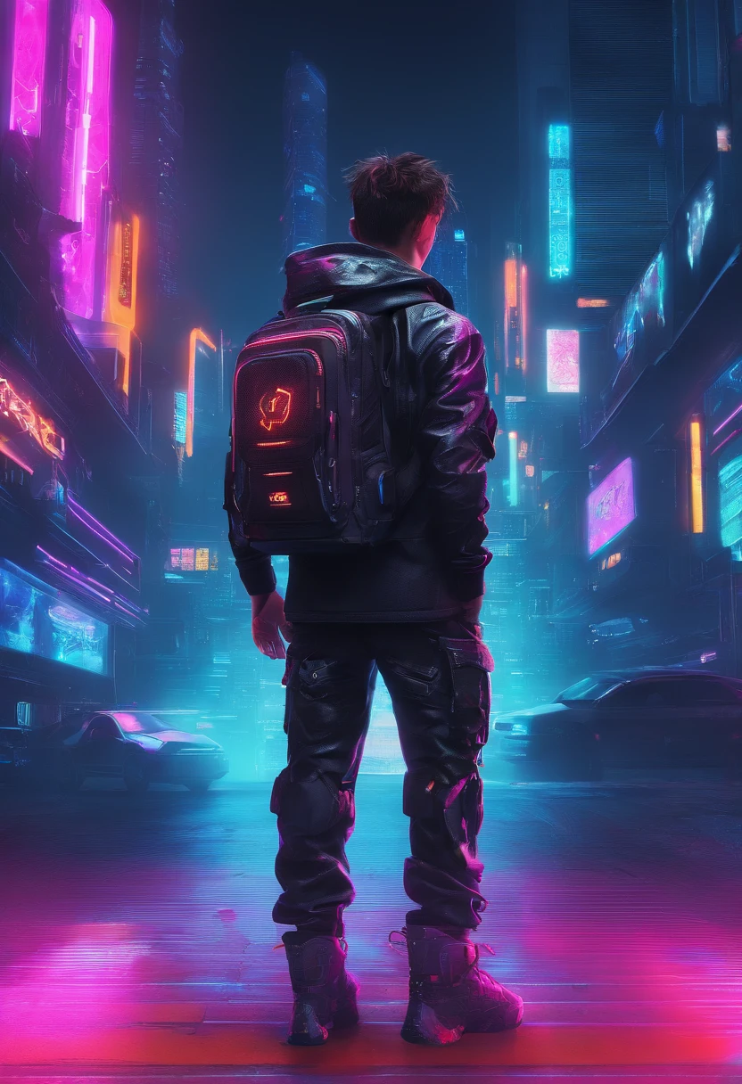 8K，Fine picture quality，Future street background，A cyberpunk boy，Carry this futuristic technology backpack，The backpack has lights，Future illuminated camera in hand，Back shadow