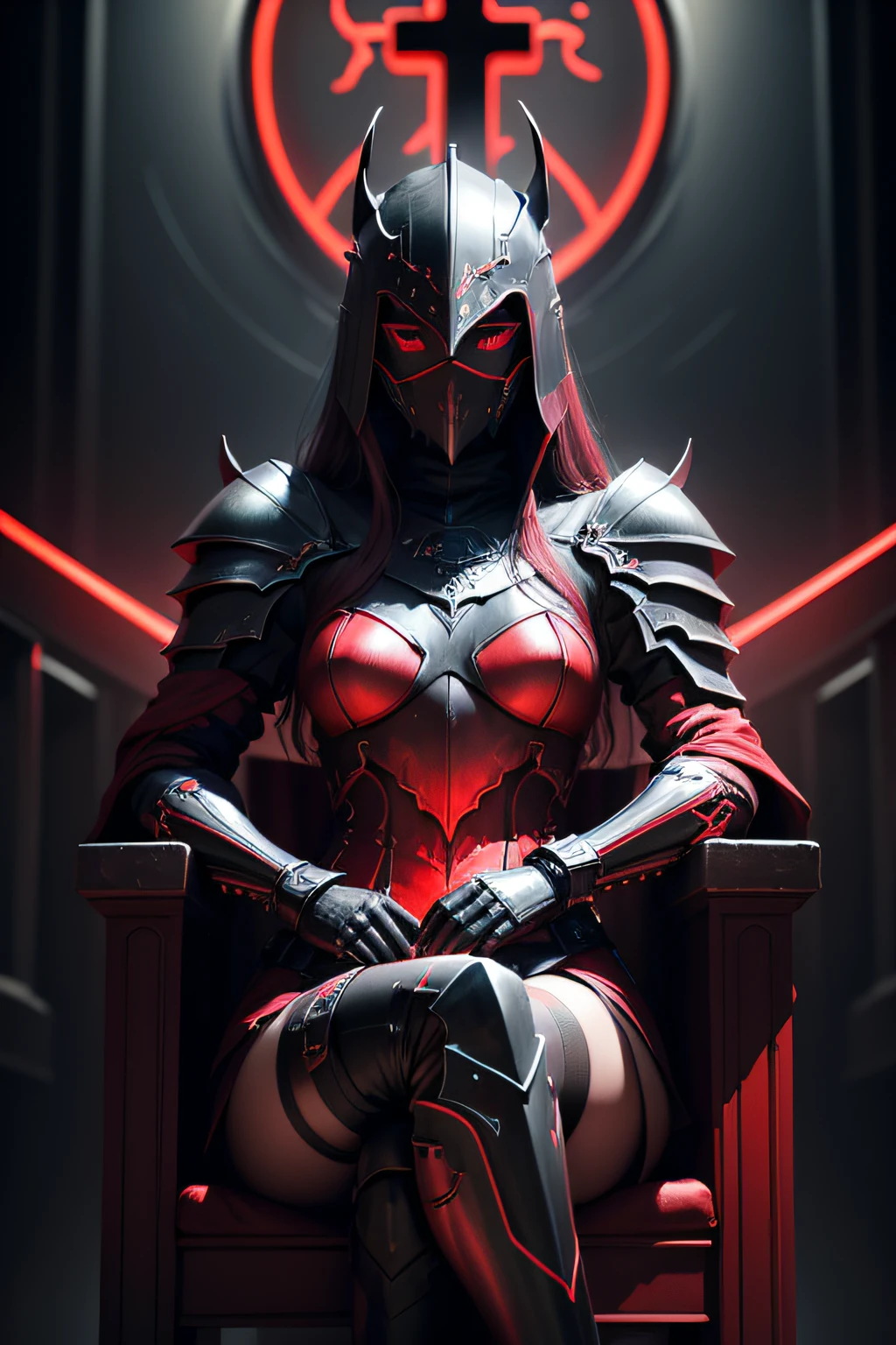 Ark Art Darkweb 1Female Evil Knight,seated on a neon-red throne cross-legged, Using an anonymous red neon mask, Use of red neon armor, Church décor, darkness,obscur,4K