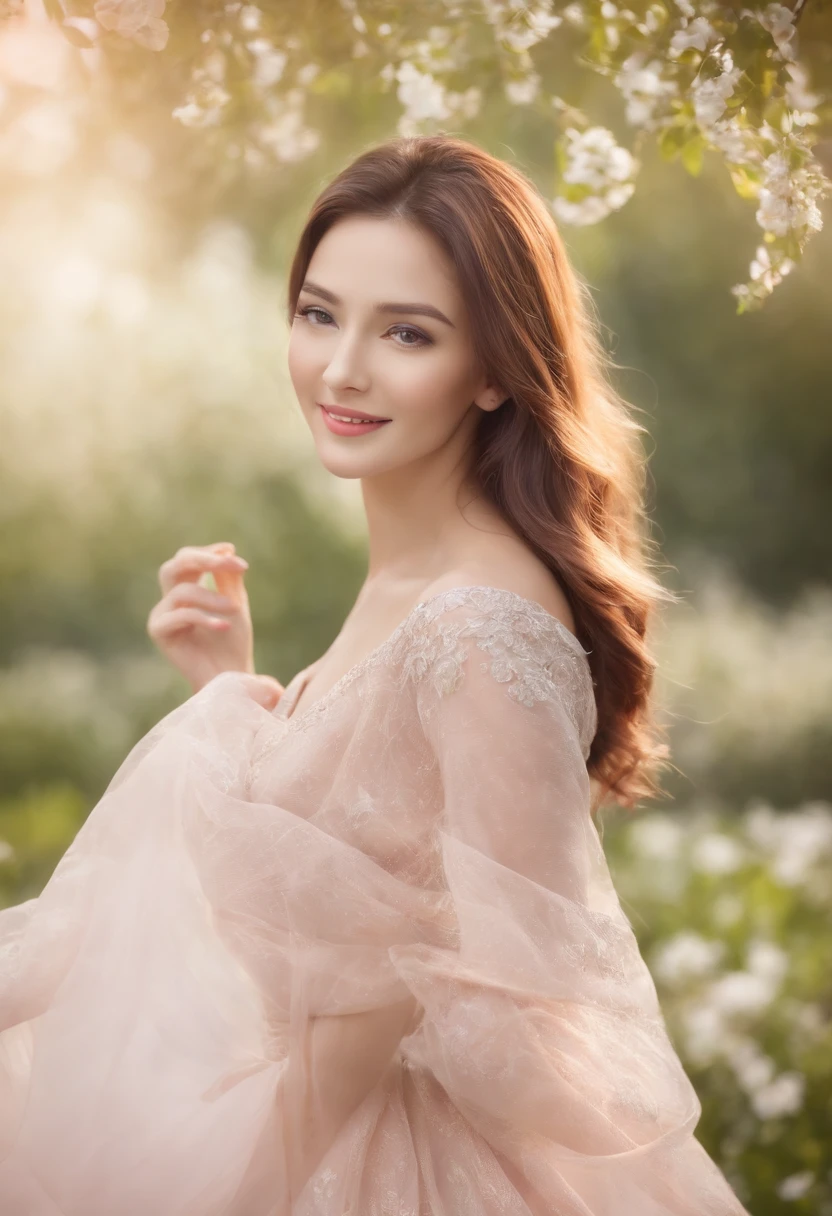best quality, ultra-detailed, realistic:1.37, beautiful woman, bright and colorful, vibrant, smiling face, soothing expression, long flowing hair, elegant appearance, stylish dress, soft sunlight, glowing atmosphere, blooming flowers, peaceful garden, tranquil setting, gentle breeze, cheerful spirit.