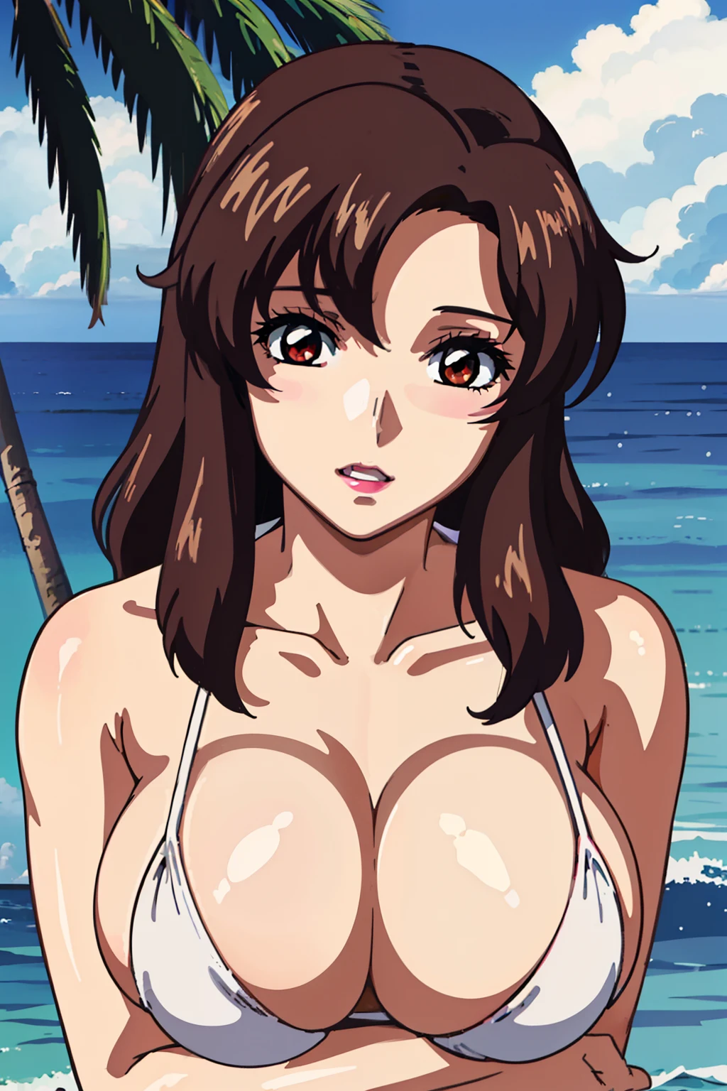 (masterpiec, best quality, anime screencap:1.5, HD, 8k, photorealistic), 1woman, milf, bangs, brown_hair, long_hair, red eyes, lipstick, makeup, blush, huge breast, cleavage, white micro bikini, fold-arms, upper body, shoot from front, (perfect anatomy, perfect detailed, shiny skin, beautiful hair, beautiful face, beautiful eyes, beautiful breast), (thick outline, black outline), sunshine, beach,