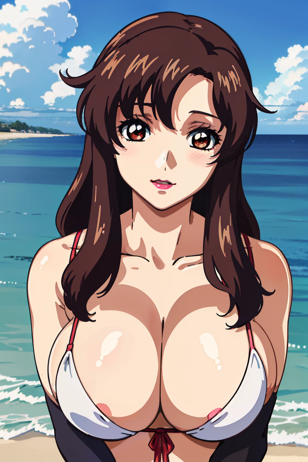(masterpiec, best quality, anime screencap:1.5, HD, 8k, photorealistic), 1woman, milf, bangs, brown_hair, long_hair, red eyes, lipstick, makeup, blush, huge breast, cleavage, white micro bikini, fold-arms, upper body, shoot from front, (perfect anatomy, perfect detailed, shiny skin, beautiful hair, beautiful face, beautiful eyes, beautiful breast), (thick outline, black outline), sunshine, beach,