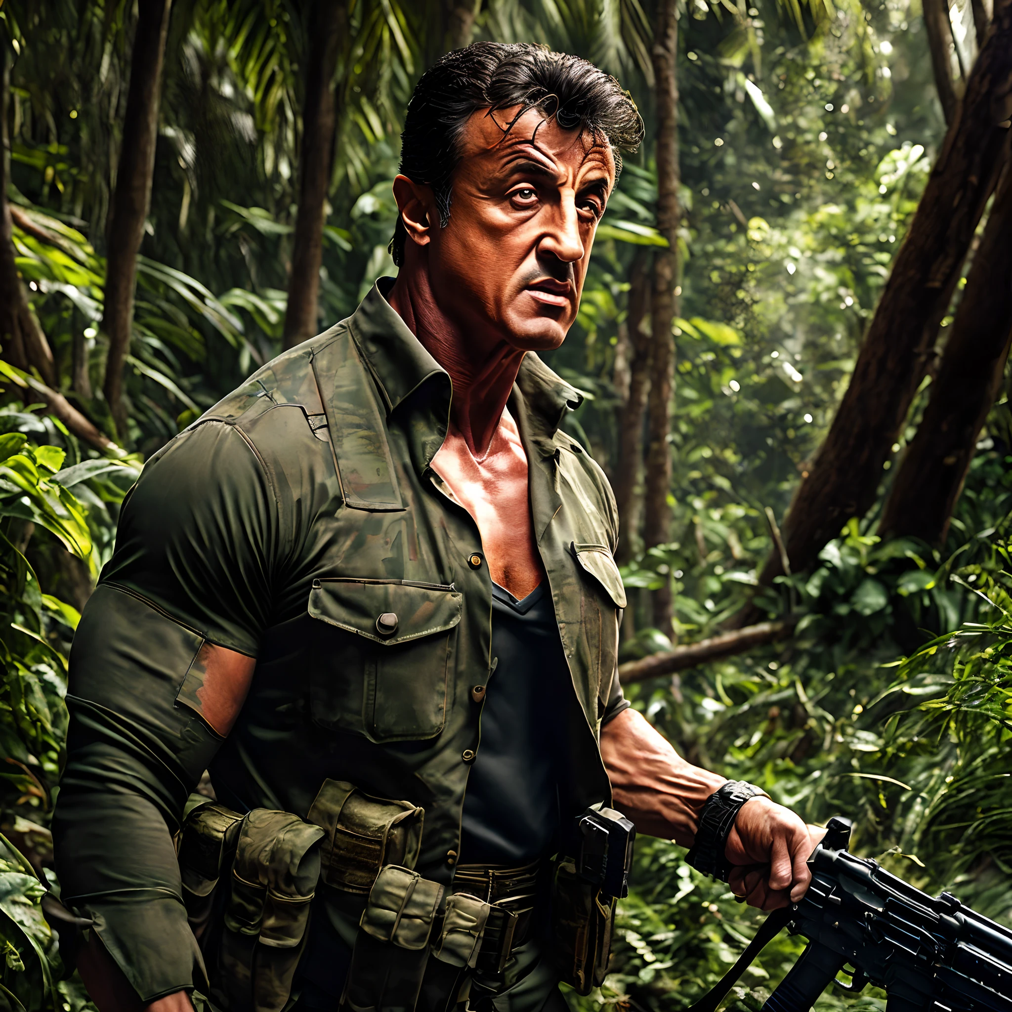 a muscular Silvester stallone, (detailed face,beautiful eyes,beautiful lips:1.2),wearing a torn shirt, fighting a large tentacled Lovecraftian monster in a swampy forest, dark cloudy sky, gritty gory atmosphere, detailed textures, dramatic lighting, (best quality,8k,cinematic,photorealistic,highly detailed:1.4), dark fantasy, moody colors