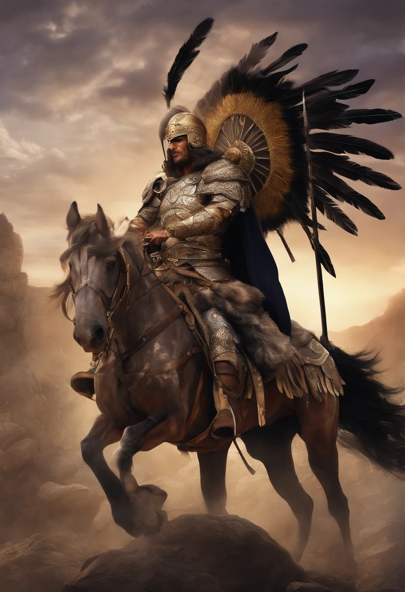 Melhor paisagem jangle"Picture Alexander the Great in his prime, leading his troops in the heat of battle. He is clad in a shining bronze cuirass, adorned with classical Greek motifs, which glint in the sun. His royal purple cape highlights his imposing figure as he rides a majestic war horse, with a golden spear in his hand. His helmet is ornamented with eagle feathers, and his face is determined, with a well-groomed beard and intense eyes that show his courage and unwavering leadership. As he raises his sword towards the enemy, he inspires his troops with confidence and determination."