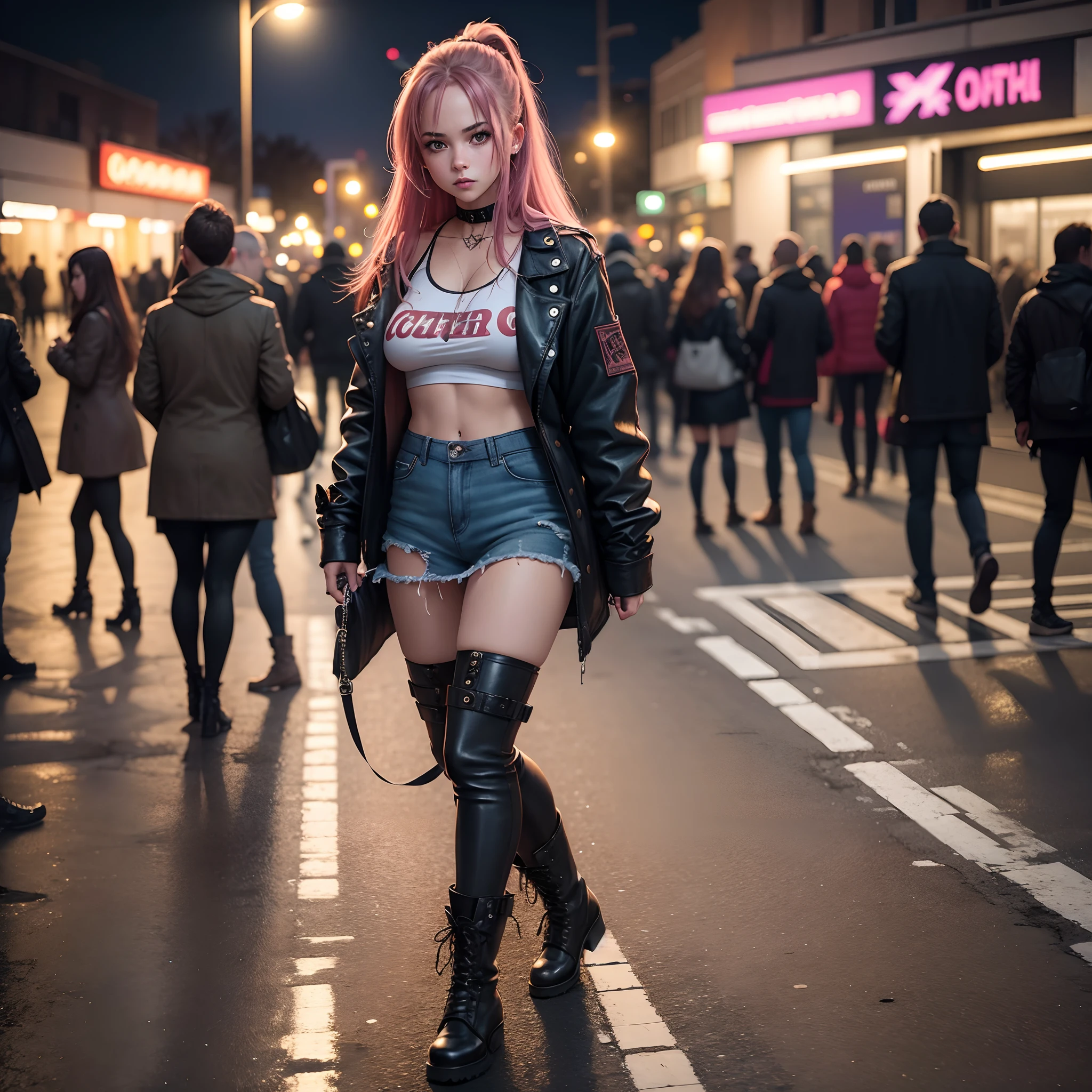 girl wearing sexy grunge outfit in public at night, boots, lewd, sexy, alone