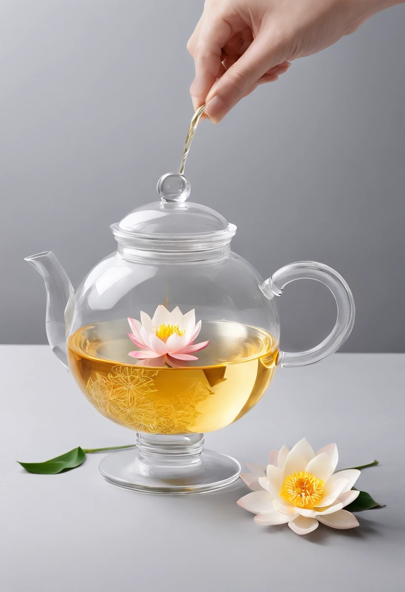 There is a lotus flower in a transparent glass teapot,Golden liquid,cleanness,White background,Simple composition
