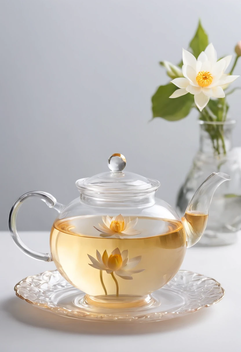 There is a lotus flower in a transparent glass teapot，Golden liquid，cleanness，White background，Simple composition