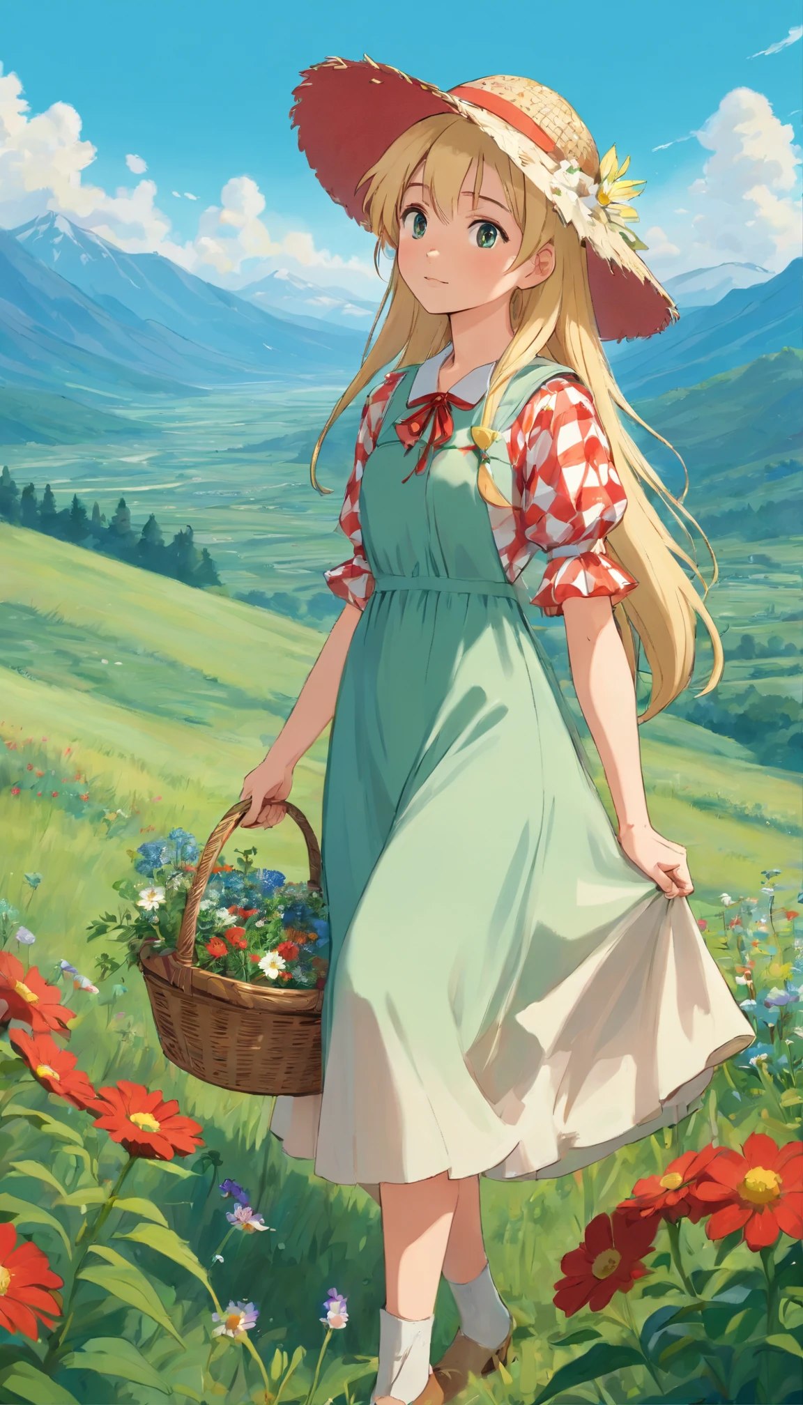 A girl with long blonde hair, wearing a red and white checkered dress and straw hat, stands in a green prairie with wildflowers, a blue sky and mountains in the background. She holds in her hands a wicker basket filled with flowers. The image is in a realistic oil painting style, Honest representation