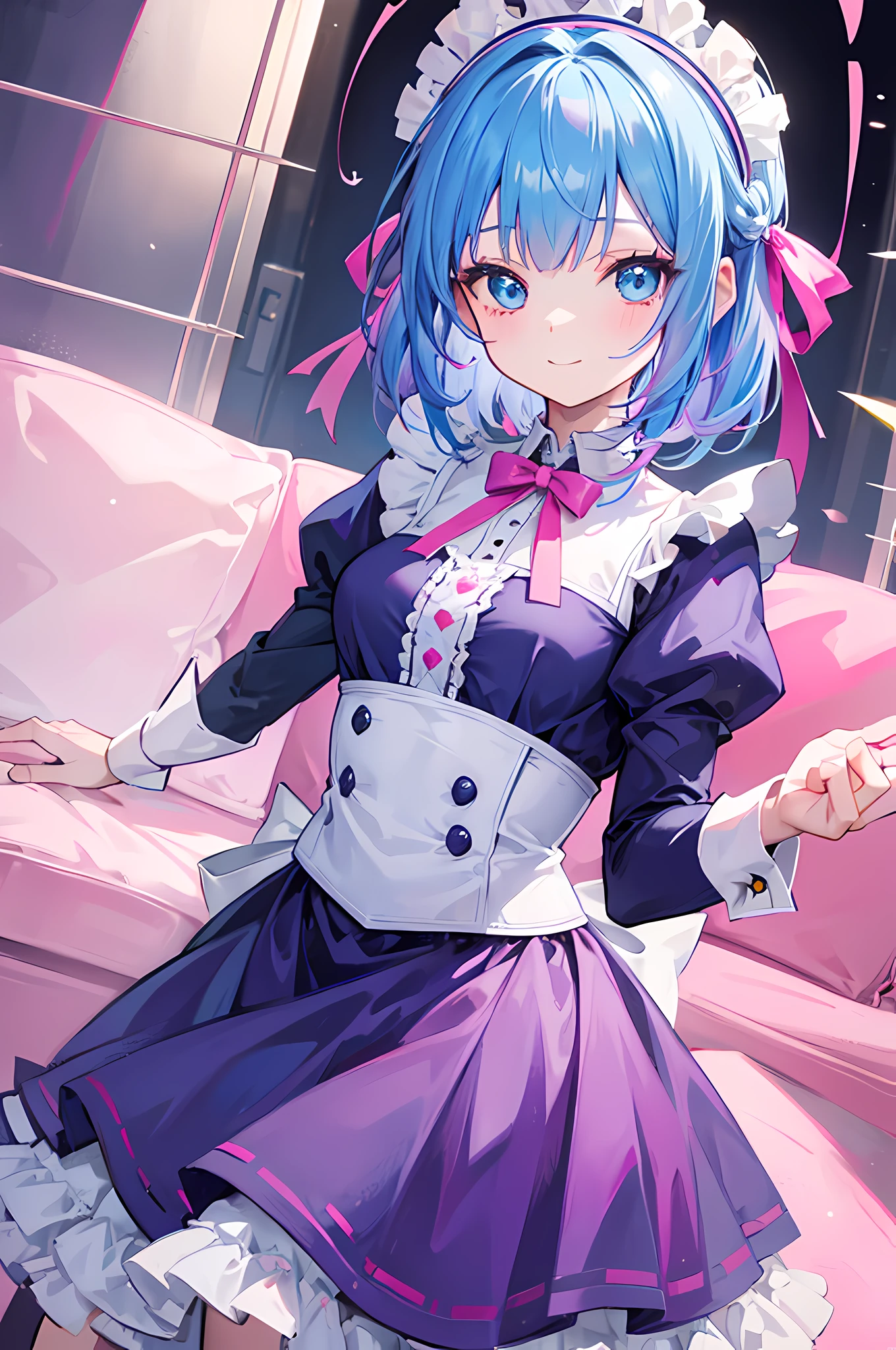 1girl, cute, pink blue hair, bangs, blue eyes, smile, maid, best quality, masterpiece, super detailed