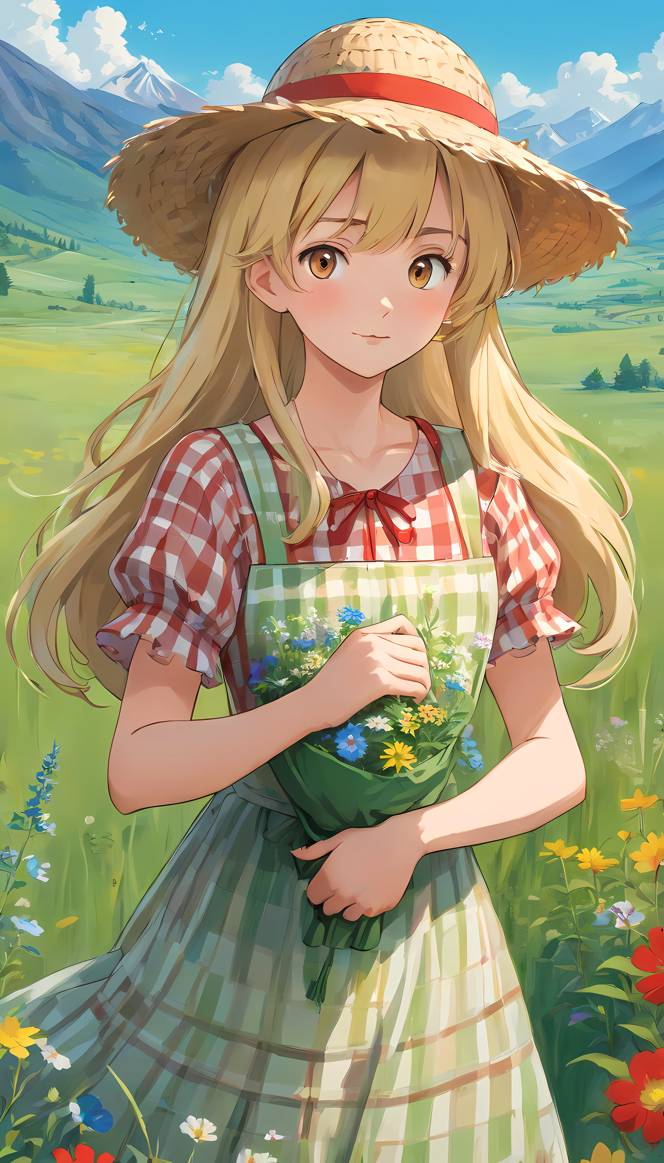 A girl with long blonde hair, wearing a red and white checkered dress and straw hat, stands in a green prairie with wildflowers, a blue sky and mountains in the background. She holds in her hands a wicker basket filled with flowers. The image is in a realistic oil painting style, Honest representation