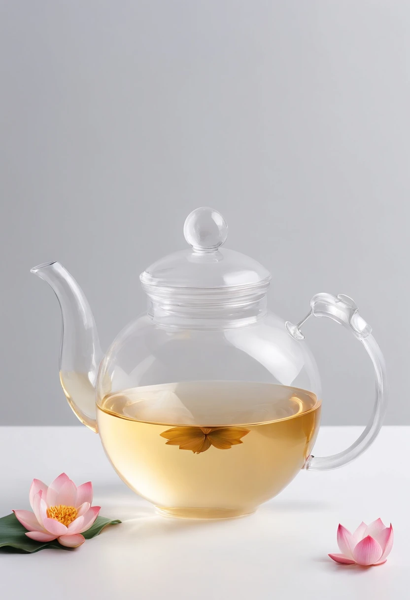 There is a lotus flower in the transparent glass teapot，Golden liquid，cleanness，White background，Simple composition