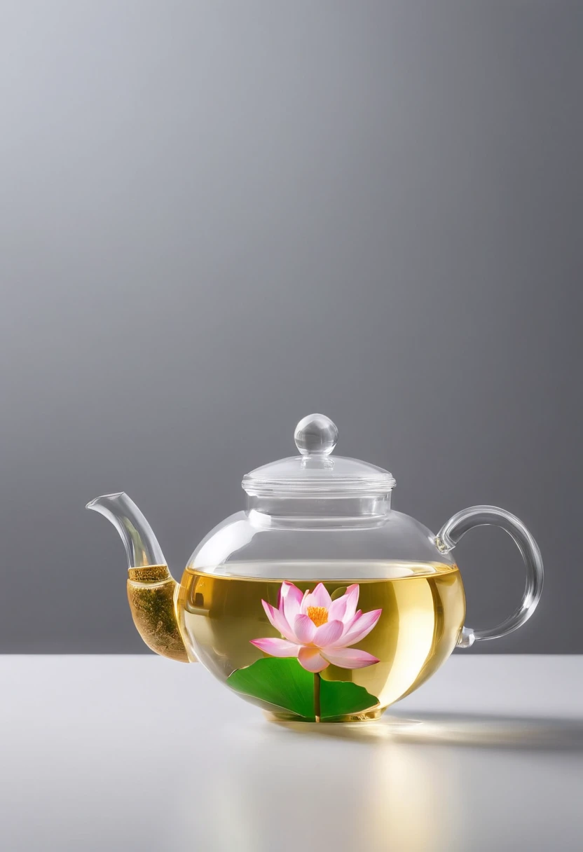 There is a lotus flower in the transparent glass teapot,Golden liquid,cleanness,White background,Simple composition