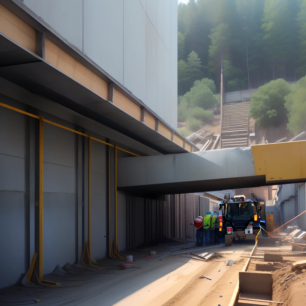 A reinforced concrete beam poured by workers on a public works site showing the pending reinforcement