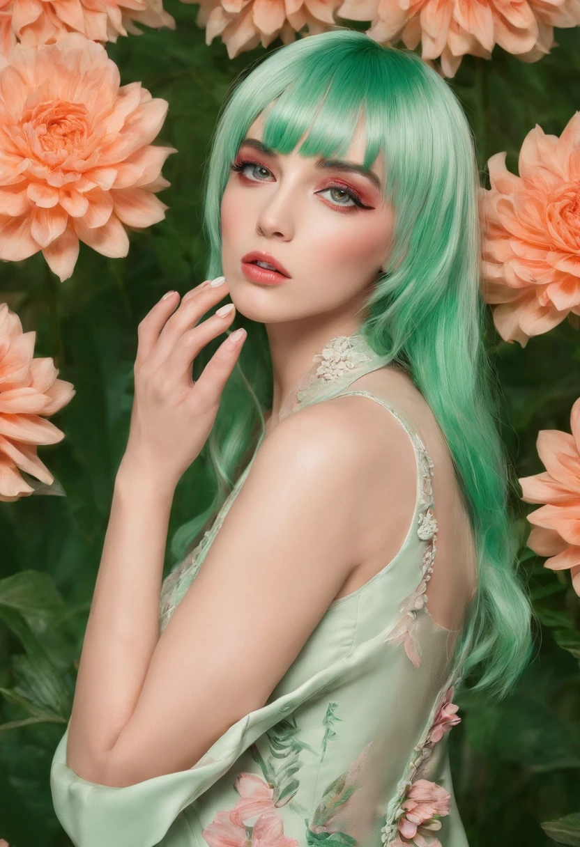 1 sexy woman，Bigboobs，Neat bangs，Light green hair with eyes，Fingers stroke your cheek，nail polish，((In the midst of a flower))