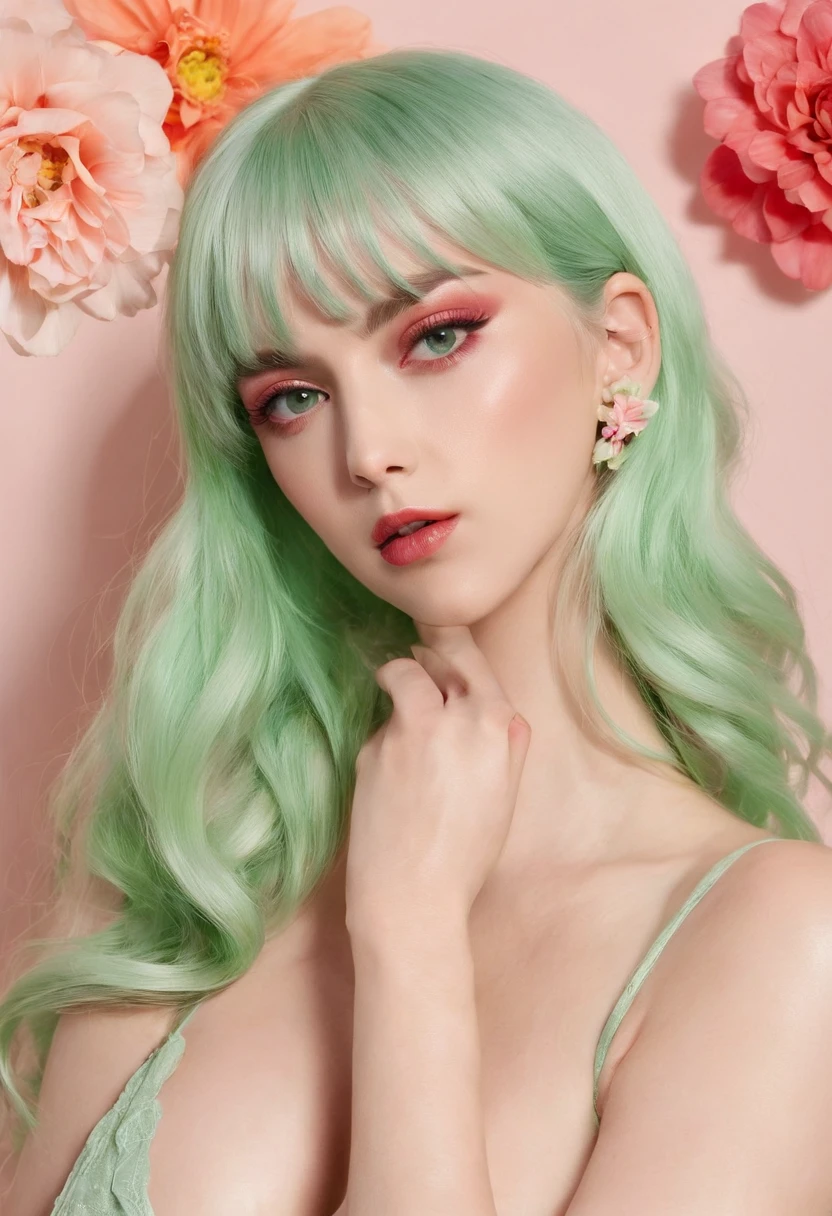 1 sexy woman，Bigboobs，Neat bangs，Light green hair with eyes，Fingers stroke your cheek，nail polish，((In the midst of a flower))