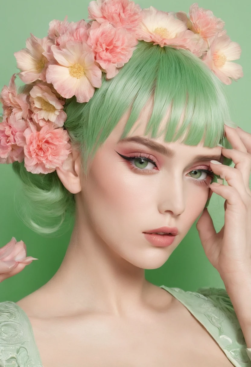 1 sexy woman，Bigboobs，Neat bangs，Light green hair with eyes，Fingers stroke your cheek，nail polish，((In the midst of a flower))