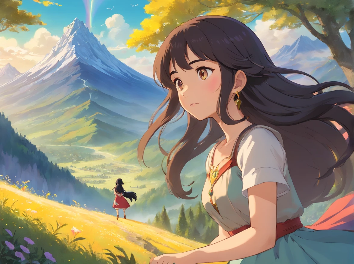 (best quality,4k,8k,highres,masterpiece:1.2),ultra-detailed, girl riding a magic majestic beast,l with long black hair and brown eyes,a long beautiful necklace and earrings,tranquil mountainscapes, ,dreamy landscapes,vibrant colors, magical lighting, happy and adventurous atmosphere, warm sunlight,happy and relaxed expression,flowing dress,lovely,heart-shaped earrings, ,brilliant sunshine,peaceful mountains and valleys,a majestic and friendly creature,unbreakable bond between the girl and the beast,mystical aura surrounding them,masterful strokes, seamless blend of fantasy and reality,visually stunning,inviting viewers into a magical world,expressive brushwork,impressive depth and perspective,vivid and dynamic illustrations
